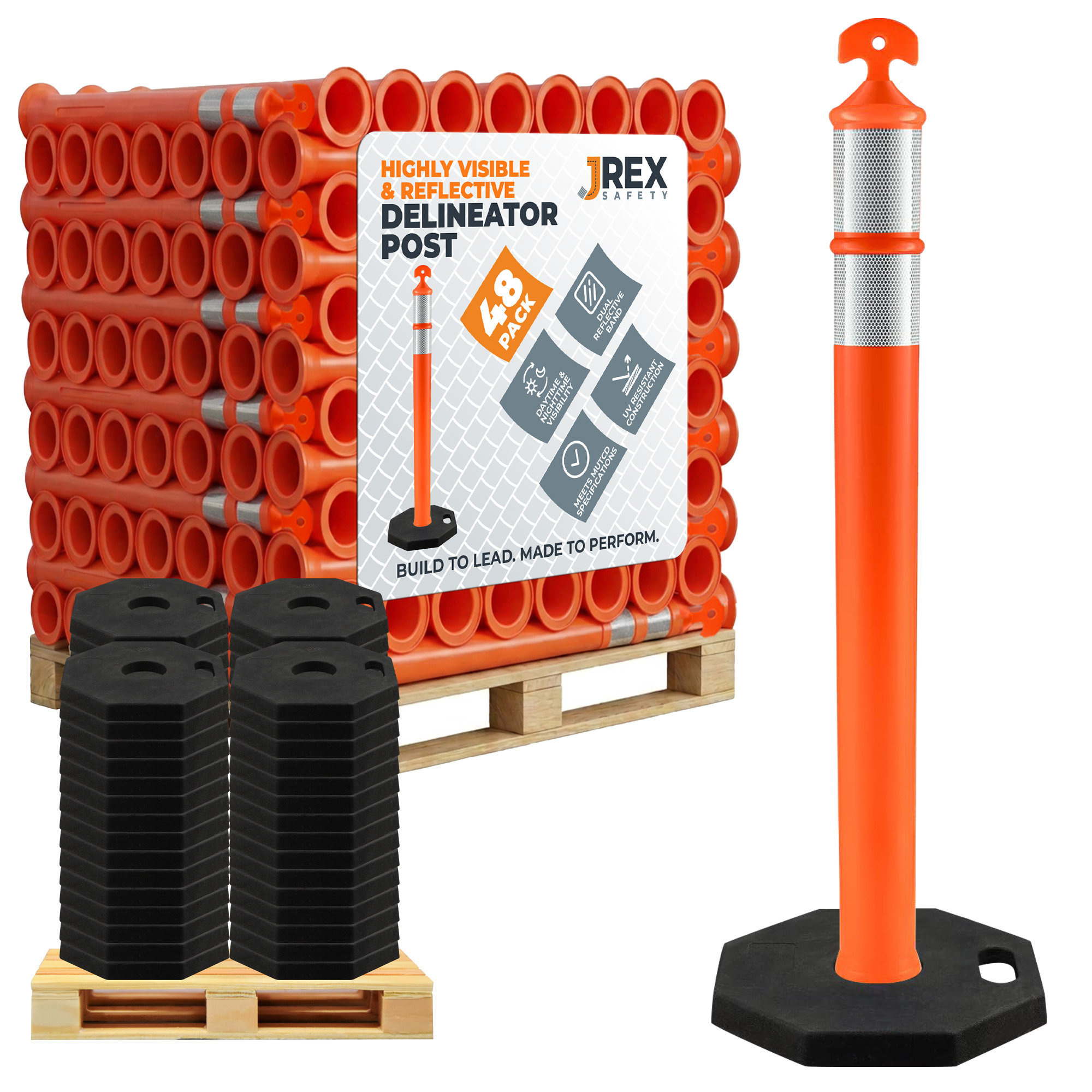 42" T-Top Orange Traffic Delineator Post with 13 LB PVC Base - Half Pallet 48